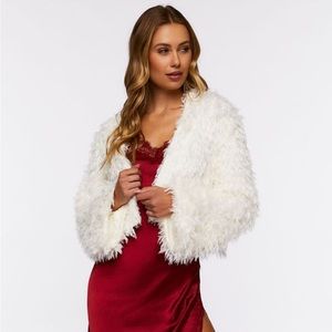 FOREVER 21 Faux Fur Open-Front Cropped Jacket (Ivory) (Size Small)